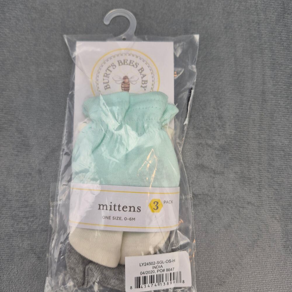 Burt's Bees Organic Cotton Baby Mittens 3 Pack Mint, White & Gray 0-6M